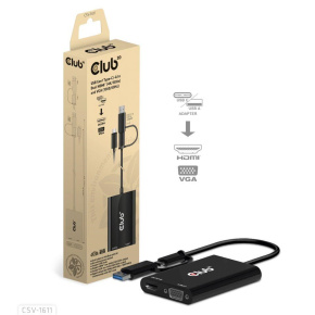 Club3D adaptér USB Gen1 Type-C/-A na duálny HDMI (4K/30Hz) / VGA (1080/60Hz)